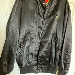 Black Bomber Jacket with Shiny Material and Stand-Up Collar